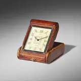 Hermès, Travel clock, c. 1955, leather, chrome-plated steel