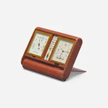 Jaeger-LeCoultre for Hermès, Folding travel clock, c. 1955, leather, gold-plated brass