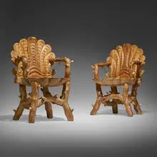 Mike Diaz, Grotto chairs, pair, c. 2020, pine, gold leaf