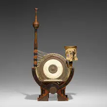 Carlo Bugatti, Curule chair, c. 1900, lacquered wood, inlaid copper, parchment, rope