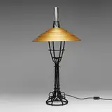 Albert Paley, Corona lamp, 1999, forged and fabricated steel with monochromed finish, anodized aluminum, frosted glass