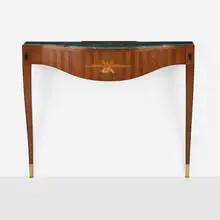 Console table by Paolo Buffa, c. 1950, mahogany, ebony, mixed wood inlay, marble, brass, sold Sep 2024