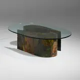 Rare coffee table by Paul Evans, 1972, welded and enameled steel, glass, sold Sep 2024