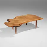 Rare Slab coffee table by George Nakashima, 1958, English oak burl, American black walnut, sold Sep 2024