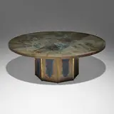 Chan coffee table by Philip and Kelvin Laverne, c. 1965, acid-etched brass over pewter and wood, patinated brass, sold Sep 2024