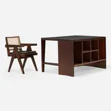 Writing table and office chair from Chandigarh by Le Corbusier and Pierre Jeanneret, c. 1954-56, teak, leather, cane, upholstery, metal, sold Sep 2024