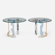 Jay Stanger, Occasional tables, pair, 1989, anodized aluminum, glass