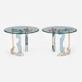 Jay Stanger, Occasional tables, pair, 1989, anodized aluminum, glass