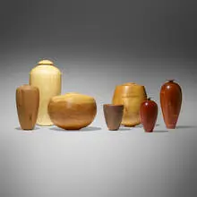 John Jordan, Collection of seven vases, 1990-94, box elder, honey locust, pink ivory wood, red maple, brass, copper leaf