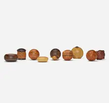 Collection of ten boxes by Hans Weissflog, boxwood, purpleheart wood, ebony, palm nut, African blackwood, pink ivory wood, various woods, sold Jul 2024