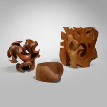 Collection of three sculptures by David Groth and Harry Pollitt, walnut, maple, sold Jul 2024