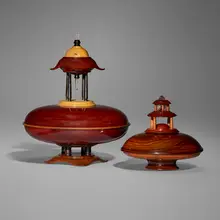 Michael Mode, Lidded vessels, set of two, 1992-93, purpleheart, walnut, carob, quartz, ebony