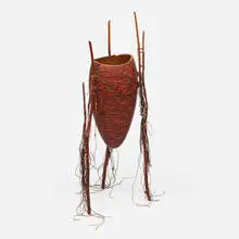 Michael Hosaluk, Tribal Gathering, 1991, elm, linen, copper, beads, feather
