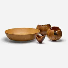 Rude Osolnik, Collection of four bowls, laminated birch, pink ivory wood, rhododendron burl, Oregon myrtle, mahogany, resin