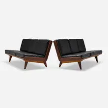 Trienna sofas, pair by Carl-Gustav Hiort af Ornäs, c. 1955, walnut, vinyl, leather, sold Nov 2025