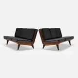 Carl-Gustav Hiort af Ornäs, Trienna sofas, pair, c. 1955, walnut, vinyl, leather