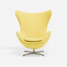 Egg chair by Arne Jacobsen, 1958, upholstery, cast aluminum, plastic, sold Nov 2025