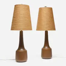 Table lamps, pair by Lotte and Gunnar Bostlund, c. 1960, glazed stoneware, twine, sold Nov 2025