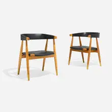 Lasse Ollinkari, Armchairs for the State Railways Restaurant, Helsinki, c. 1955, oak, vinyl upholstery, brass