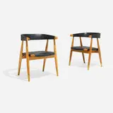 Lasse Ollinkari, Armchairs for the State Railways Restaurant, Helsinki, c. 1955, oak, vinyl upholstery, brass