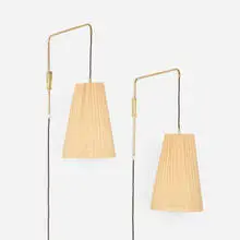 Wall lamps, pair by Paavo Tynell, c. 1955, brass, bamboo shades, sold Nov 2025
