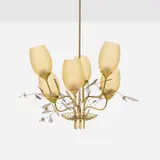 Chandelier, model 9029/6 by Paavo Tynell, c. 1954, brass, glass, sold Nov 2025