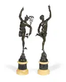 Giambologna, pair of patinated bronze and Sienna style yellow marble figures of Mercury and Fortuna, patinated bronze