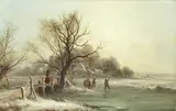 George Augustus Williams, Landscape with figures on a frozen pond, oil on canvas