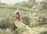 Crossing the bridge by Rws Myles Birket Foster, watercolour heightened with white, offered Jun 2018