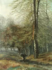 A woodland cottage and a woodland stream; a pair by Octavius Clark, oil on canvas, sold Jun 2018