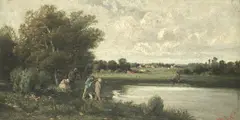 Henri van Wijk, River landscape with figures fishing, oil on panel