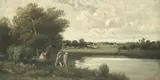 Henri van Wijk, River landscape with figures fishing, oil on panel