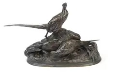 Auguste Cain, late 19th century bronze model of a cock and hen pheasant by her nest of eggs, on naturalistic base, signed A CAIN, bronze