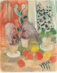 Oskar Moll, Stilleben mit Blattpflanzen, Kaktus und Zitrusfrüchten, 1940, Aquarell und Gouache auf Fabriano-Velin
