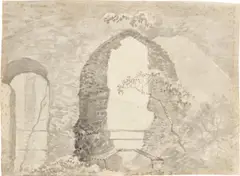 Carl Gustav Carus, Fenster der Burg Tharandt, Pinsel in Grau und Schwarz über Kreide und Bleistift auf Papier