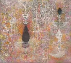 Jeanne Mammen, Vier Vasen mit Blumen, Um 1960, Öl und Collage auf Leinwand