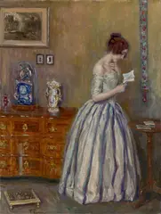 Franz Skarbina, Bei der Lektüre. (Vor) 1909, Öl auf Leinwand