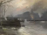 Gotthardt Kuehl, Fluss mit Brücke und Dampfschiff (Paris)