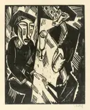 Karl Schmidt-Rottluff, Drei am Tisch, 1914, Holzschnitt auf Bütten