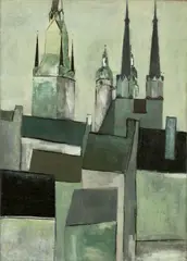 Julius Tinzmann, Roter Turm und Marktkirche in Halle an der Saale, 1932, Öl auf Rupfen