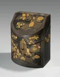 Edo-Zeit Japanisch, Besteckkasten, Um 1730, Holz, Schwarzlack, Streudekor in Gold und Silber, Samt; Kupferbeschläge, vergoldet