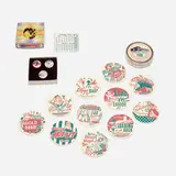 Modern Props, Holiday Coaster Collection and Holiday Cheer Pins, cardboard, metal