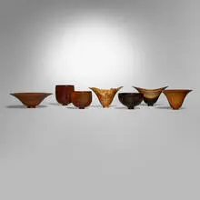 Bert Marsh, Collection of seven vessels, 2005-2007, cocobolo, macassar ebony, Venezuelan purpleheart, Sri Lankan ebony, burr yew, burr amboyna