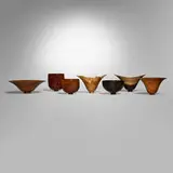Bert Marsh, Collection of seven vessels, 2005-2007, cocobolo, macassar ebony, Venezuelan purpleheart, Sri Lankan ebony, burr yew, burr amboyna