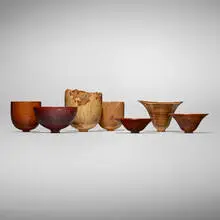 Bert Marsh, Collection of seven vessels, 2003-2008, purpleheart, sheoak, olive wood, burr ash, masur birch, amboyna, snakewood