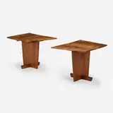 Rare end tables, pair by Mira Nakashima, 1997, Persian walnut, American black walnut, rosewood, sold May 2024