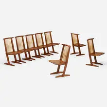 George Nakashima, Conoid chairs, set of eight, 1972-75, 1982, American black walnut, hickory