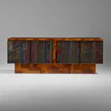 Paul Evans, Rare Custom cabinet, 1975, burl, torch-cut, blackened and polychromed steel, slate