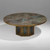 Chan coffee table by Philip and Kelvin Laverne, c. 1965, acid-etched brass over pewter and wood, patinated brass, sold May 2024