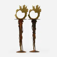 Albert Paley, Eclipse candleholders, pair, 2004, forged and fabricated steel with natural patina, brass